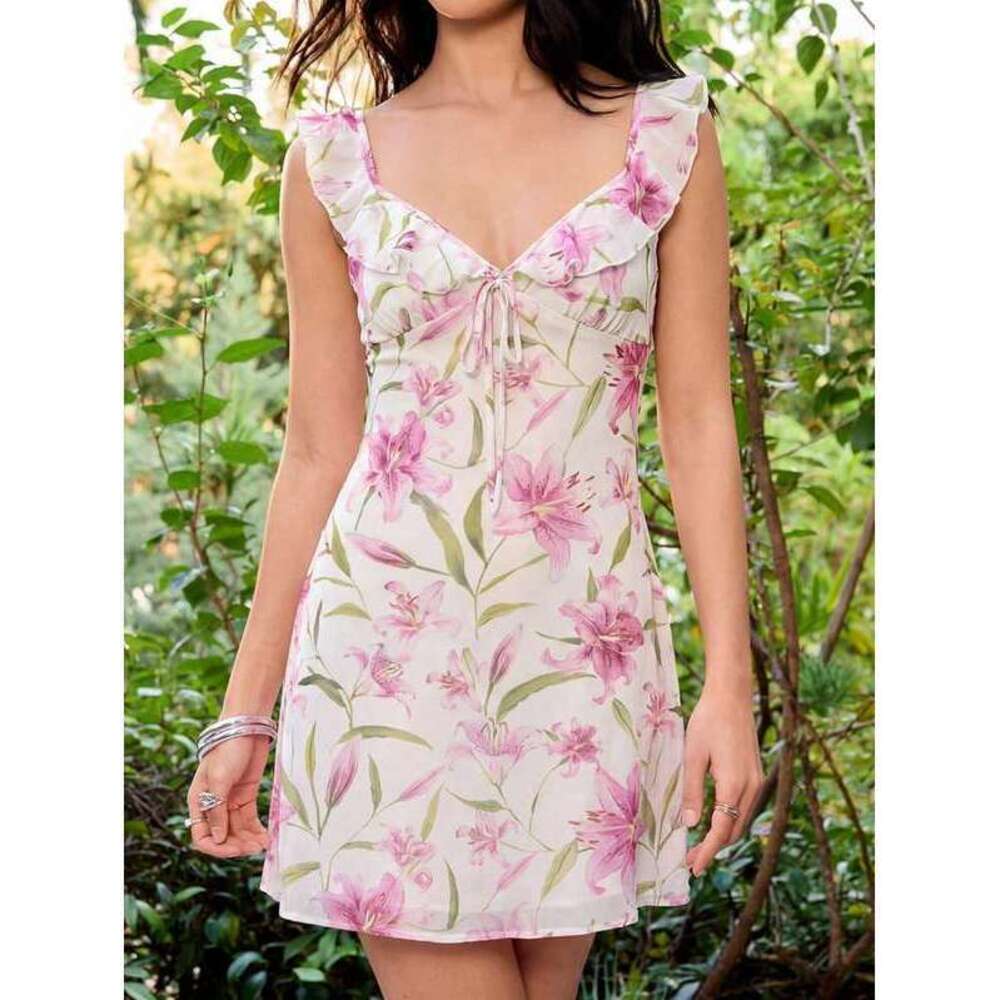 MainGRL Pink Floral Patchwork Ruffle Hem Mini Dress,Cottage Core - Picture 5 of 5